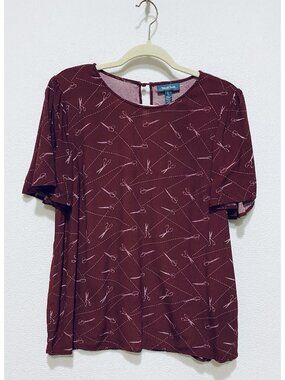 Modcloth Top Womens Large Burgundy Scissor Print Keyhole Back Novelty Retro